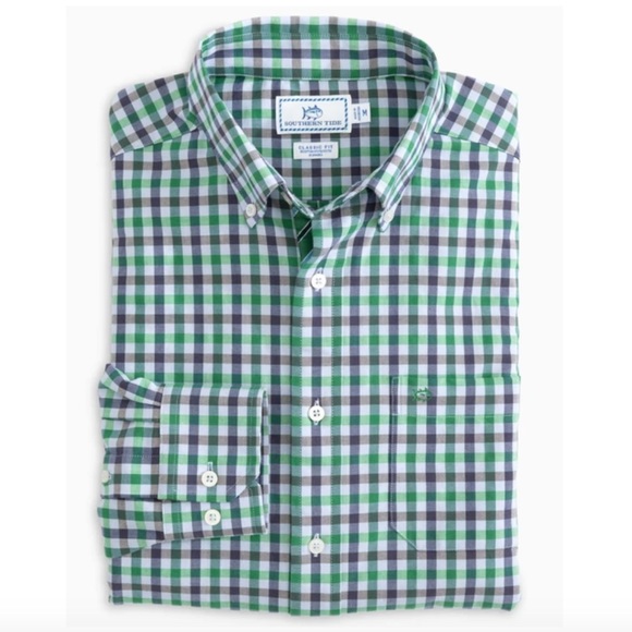 🆕 Southern Tide Gingham Button Down Shirt - White w/ Blue & Green - Picture 3 of 13